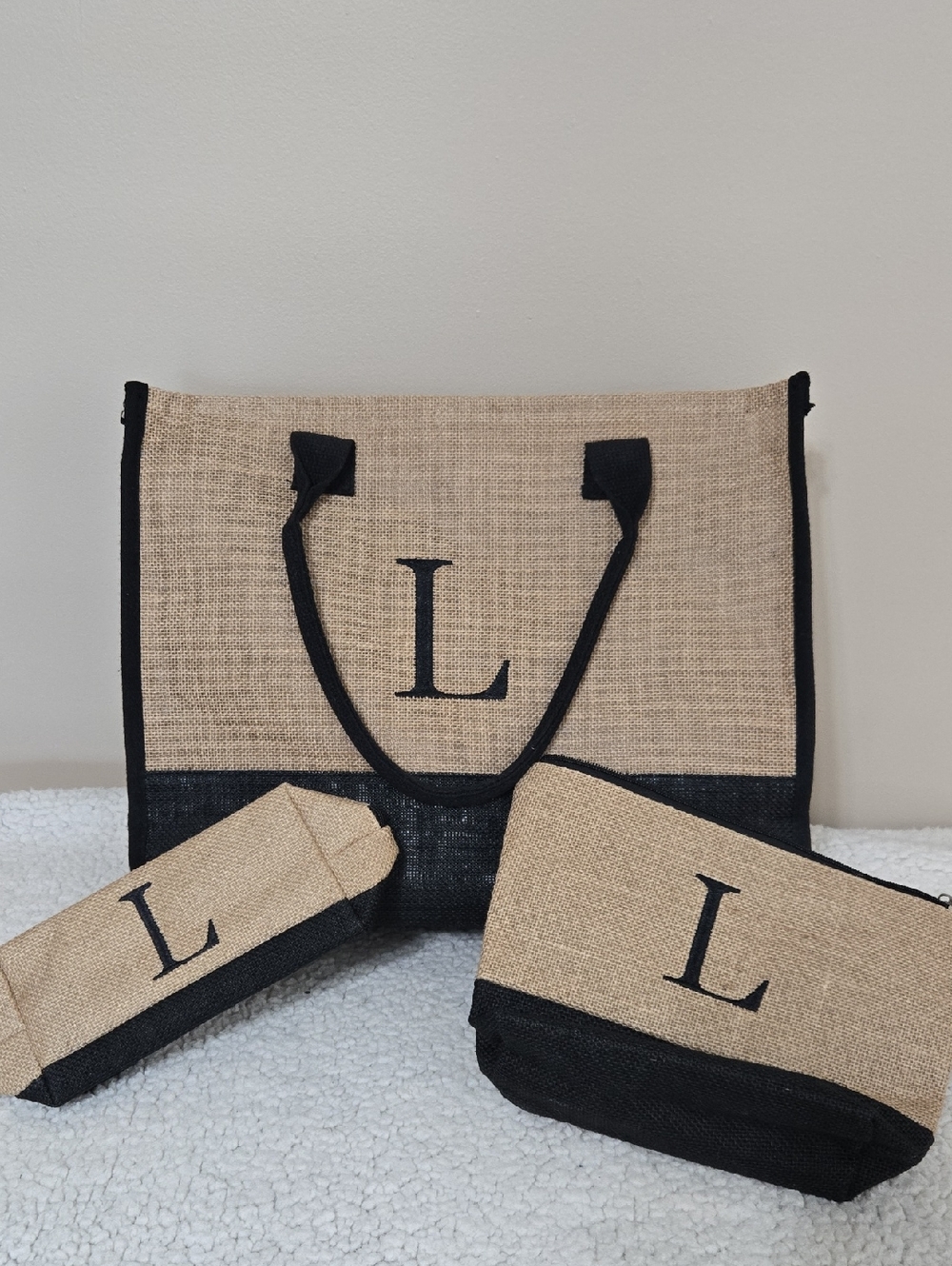 Monogram L Natural & Black Jute Tote Bag Set